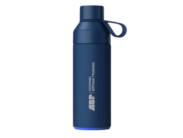 Blue insulated water bottle with a carry loop and branding.