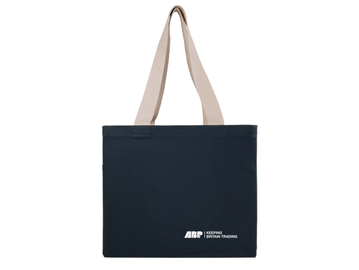 Black tote bag with beige handles and white logo.