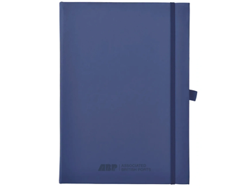 Blue notebook with elastic band and pen holder.