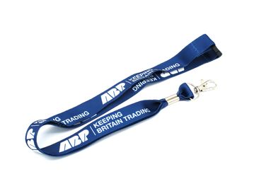 Blue lanyard with white text and metal clip.
