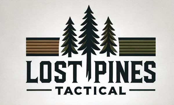 Logo with three pine trees and text 'Lost Pines Tactical'.