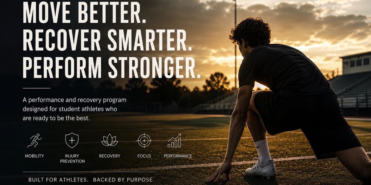 Athlete stretching on a field at sunset, promoting a recovery and performance program for students.
