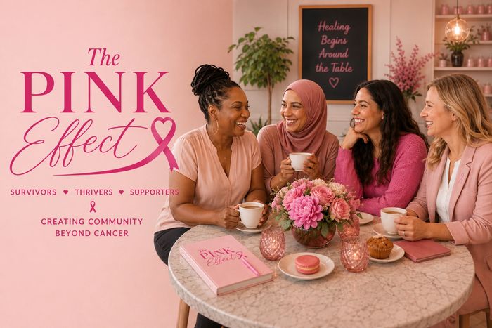 Women supporting breast cancer survivors over coffee.