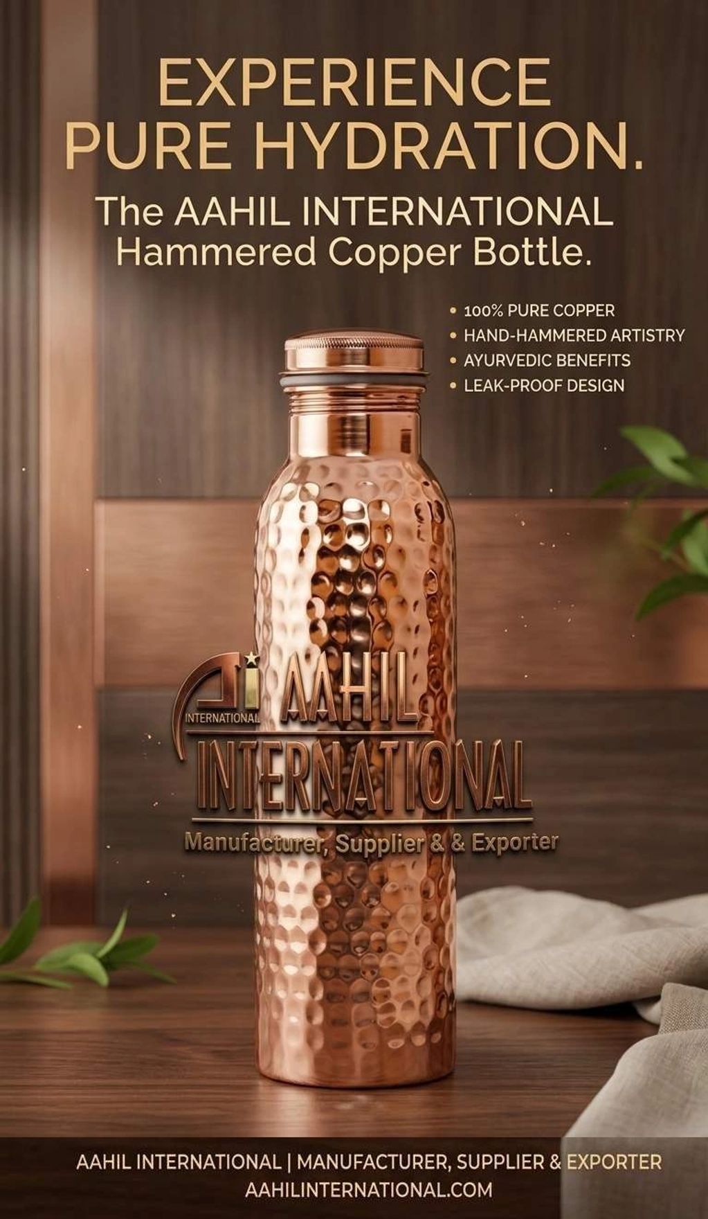 A hammered copper water bottle promoting hydration benefits.