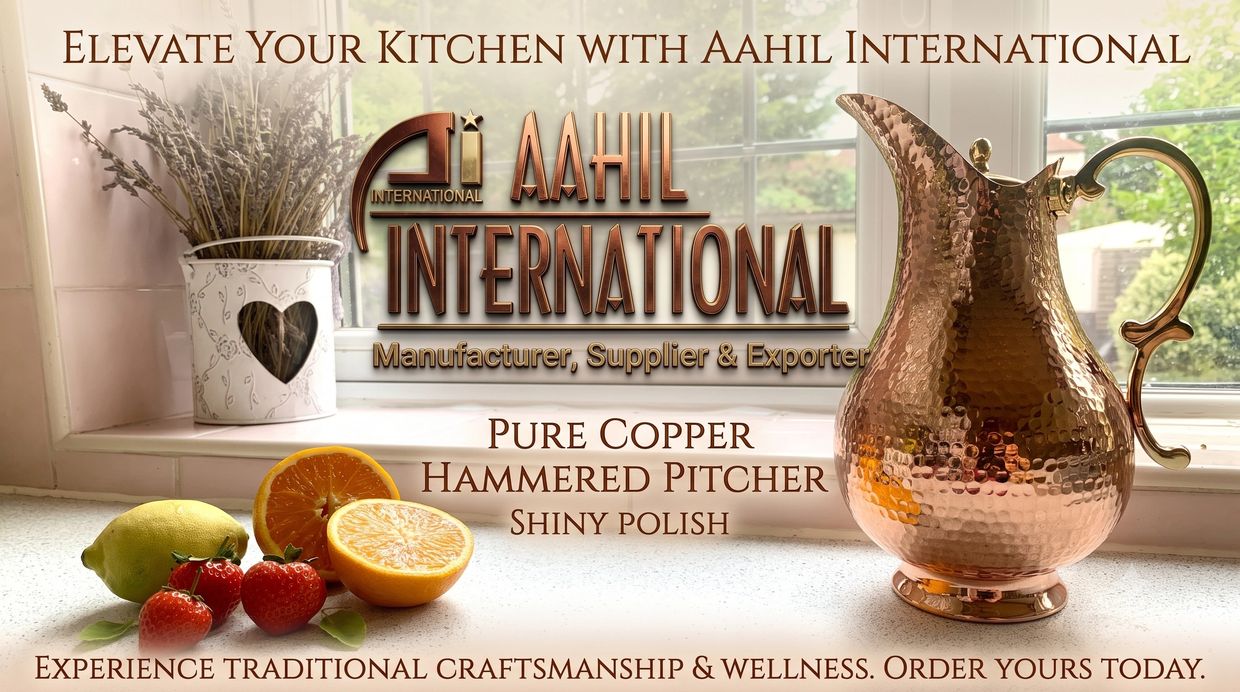 Shiny copper hammered pitcher by Aahil International with fresh fruits on a kitchen counter.
