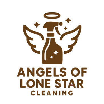 Logo of a cleaning service with a spray bottle featuring angel wings and a halo.