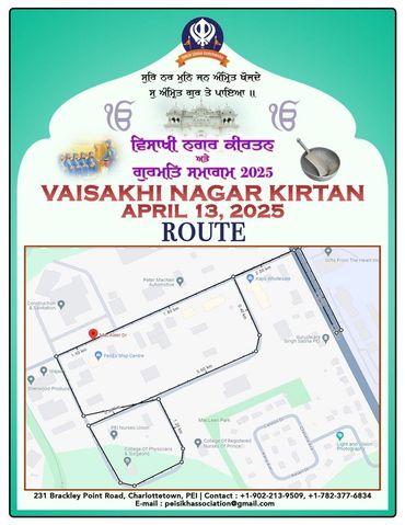 Map showing Vaisakhi Nagar Kirtan route on April 13, 2025, in Charlottetown, PEI.