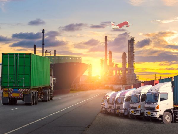 Cargo trucks and a ship docked at an industrial port during sunset.