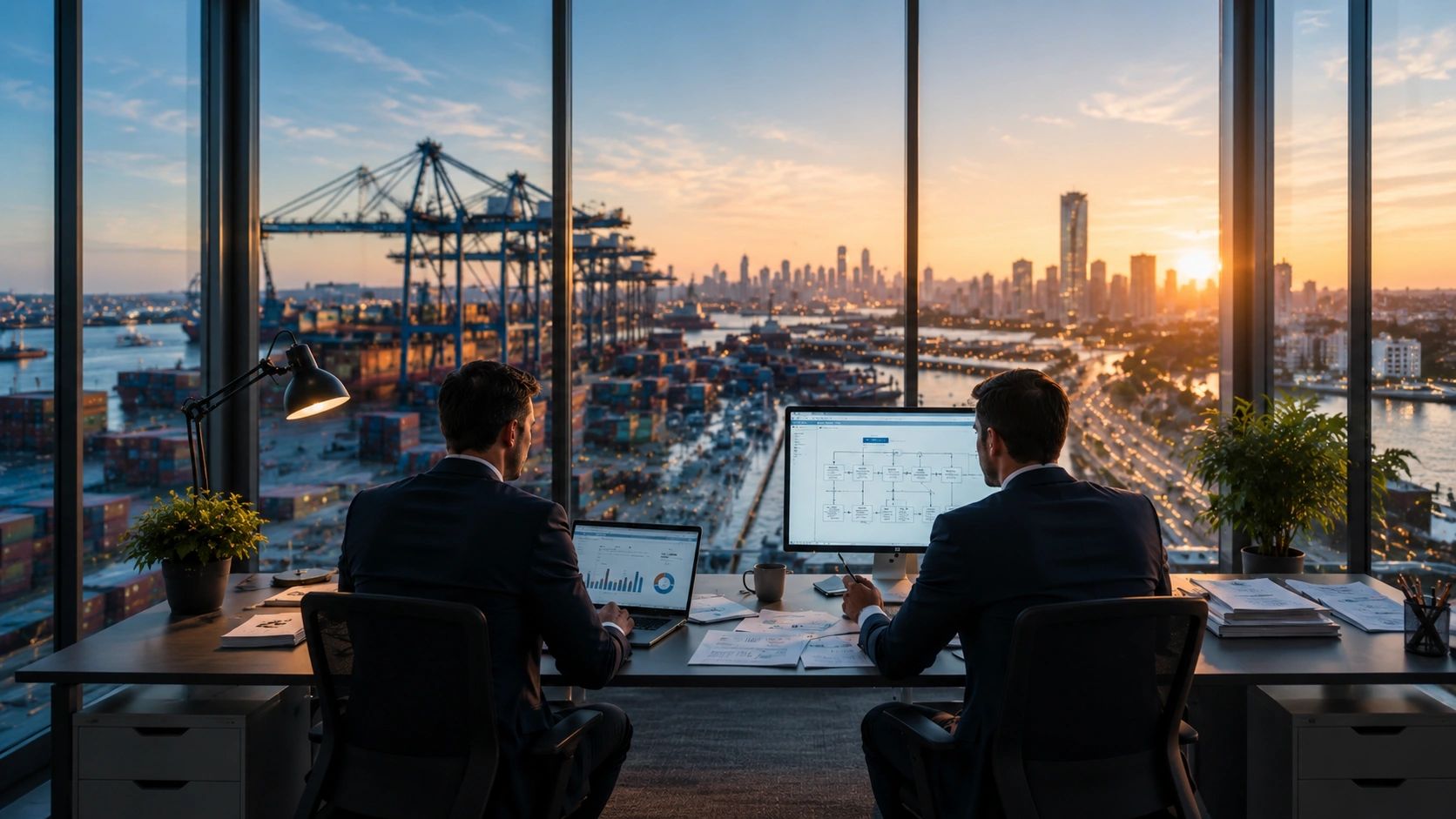 Two men working on computers with a harbor city sunset view.