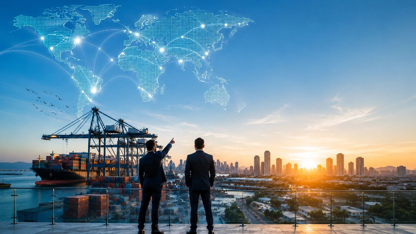 Two businessmen overlooking a port with global trade connections.