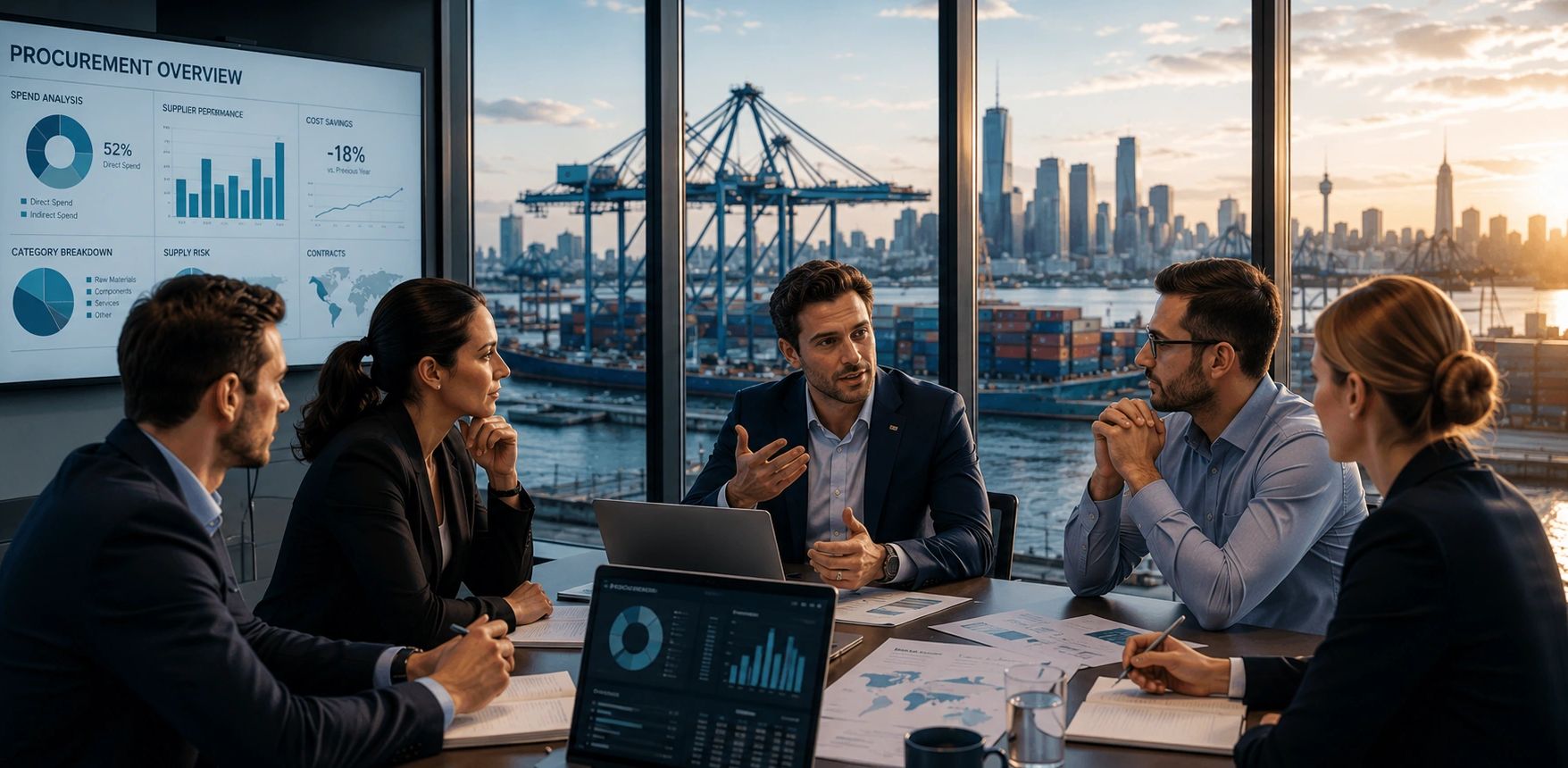 Business team discussing procurement data in a modern office with a harbor view.