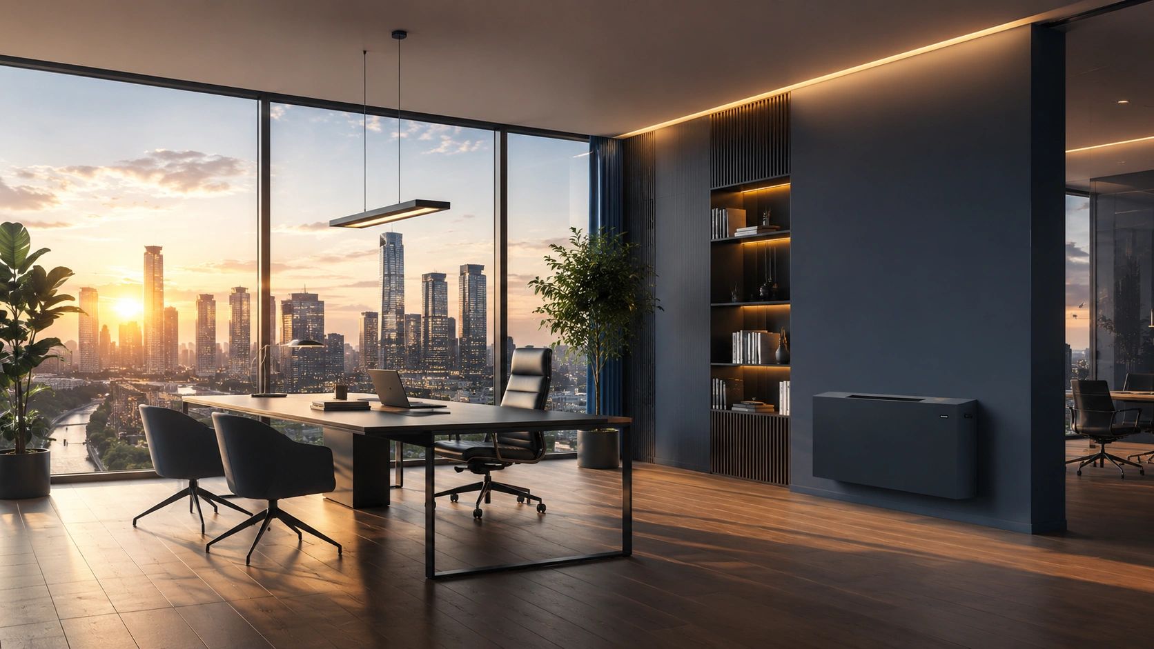 Modern office with a city skyline view at sunset.