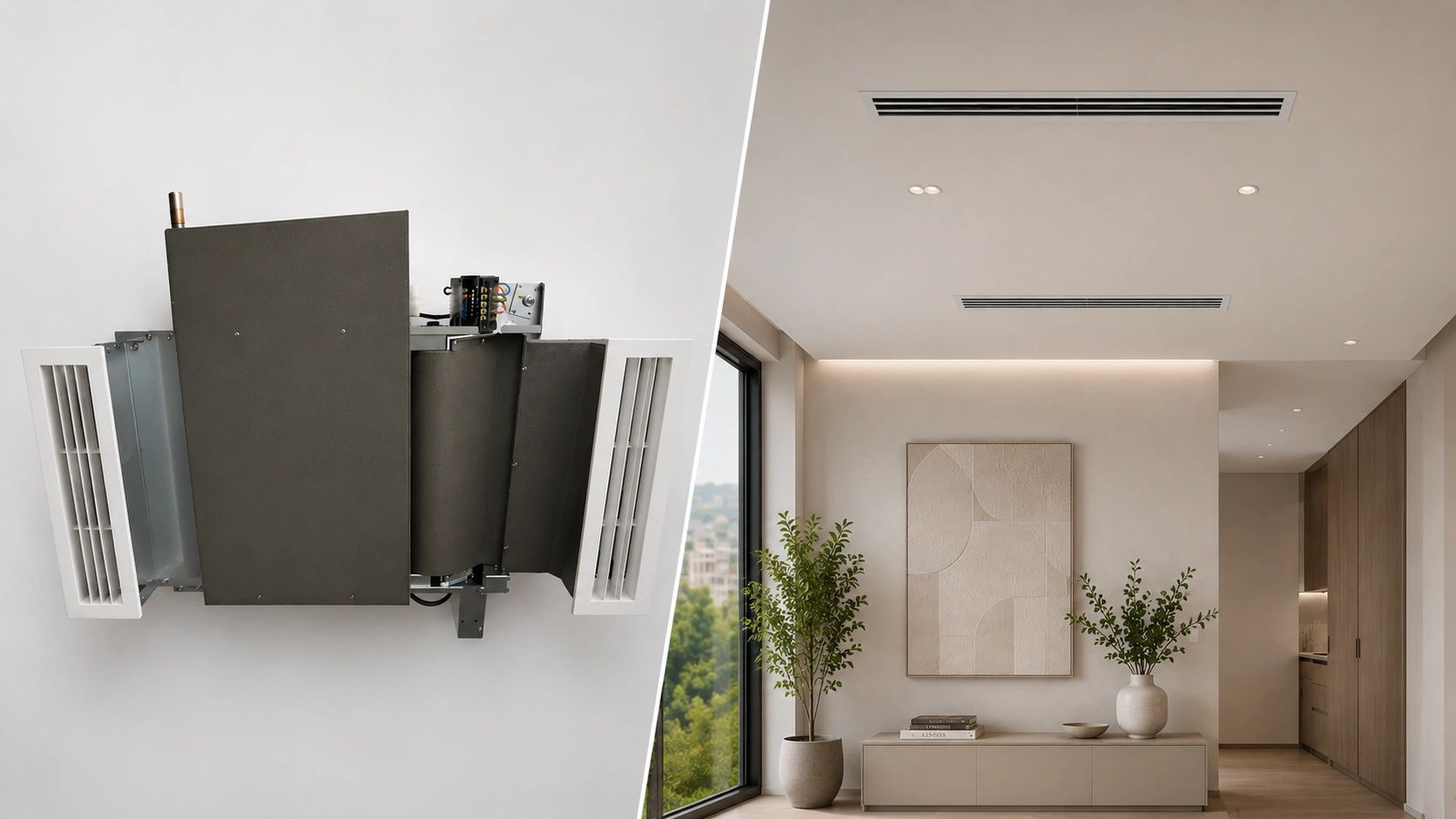 Zweites Bild zeigt einen eingebauten Deckenlüfter in einem modernen Wohnzimmer.