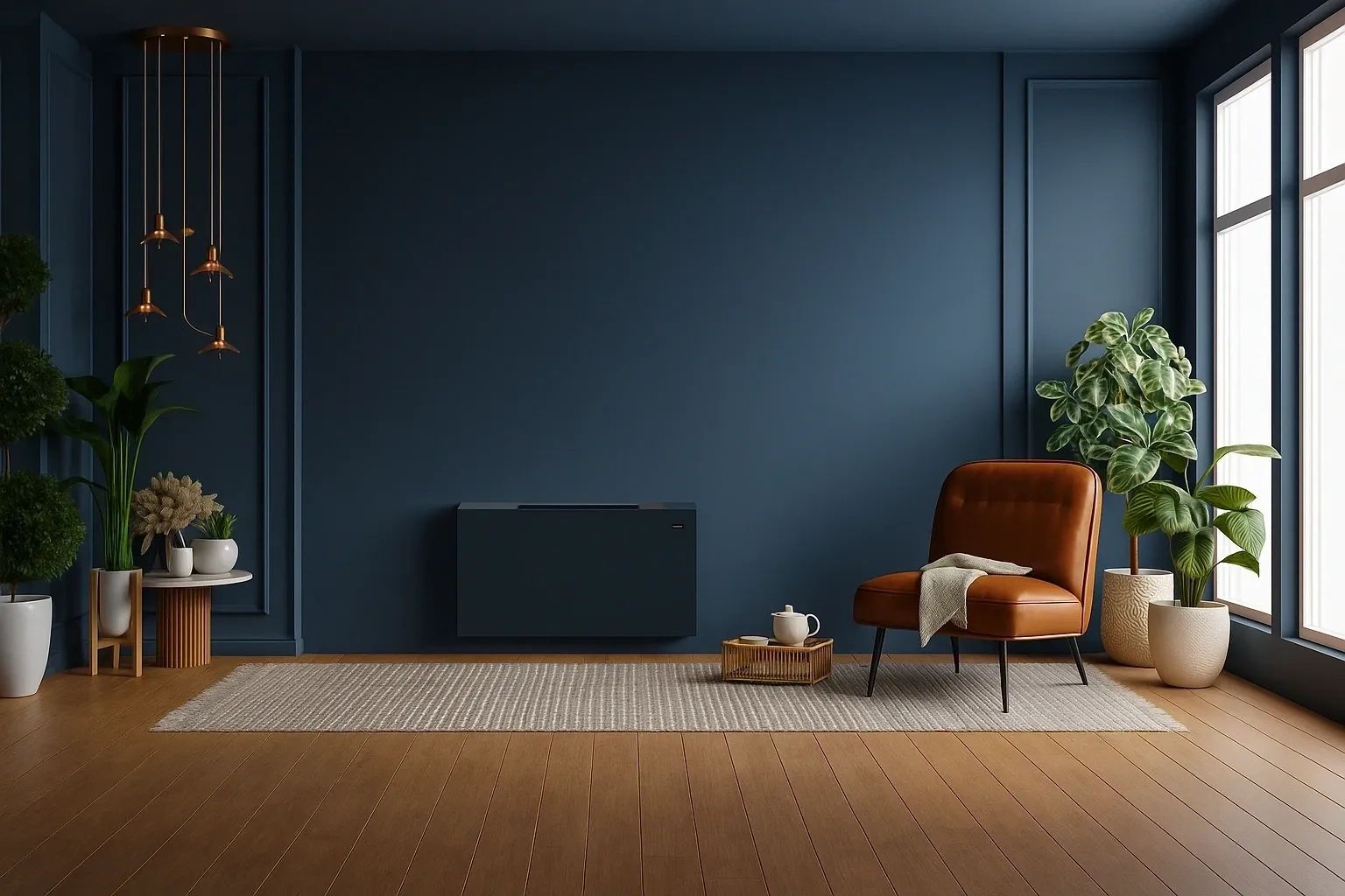 Modern living room with navy blue walls and brown leather chair.