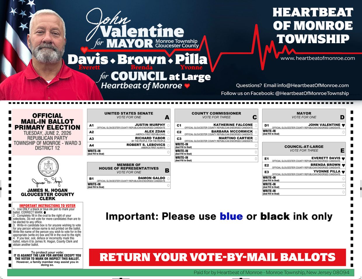 Campaign and official ballot for Monroe Township local elections with candidate names and voting instructions.