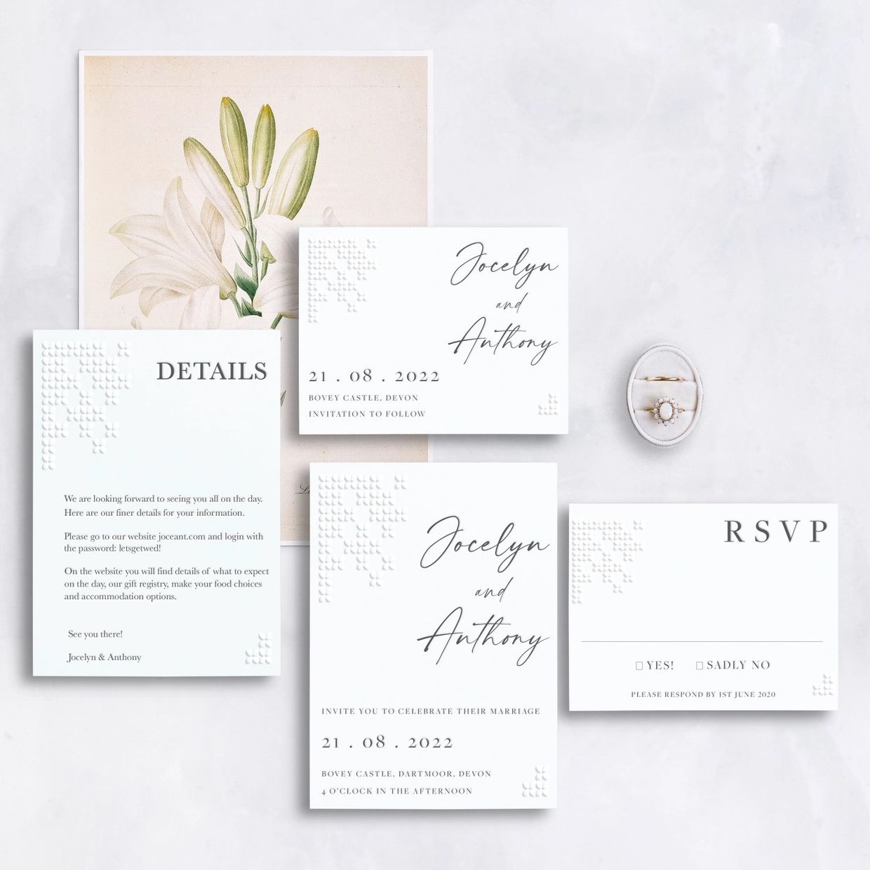 Photo of the Piccolo wedding invitation suite. Invitation, RSVP, Details card,  and save the date.