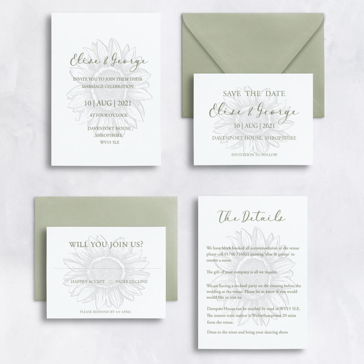 Photo of the Fleur wedding invitation suite. Invitation, RSVP, Details card,  and save the date.