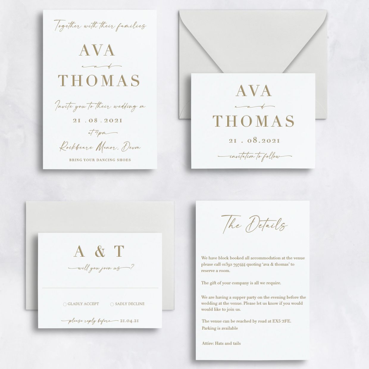 Photo of the Grace wedding invitation suite. Invitation, RSVP, Details card,  and save the date.