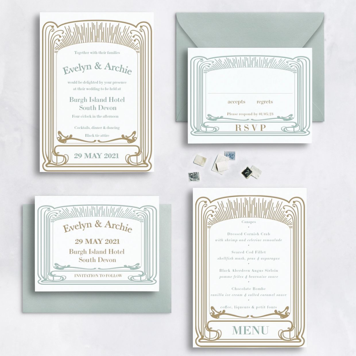 Photo of the Deco wedding invitation suite. Invitation, RSVP, Details card,  and save the date.