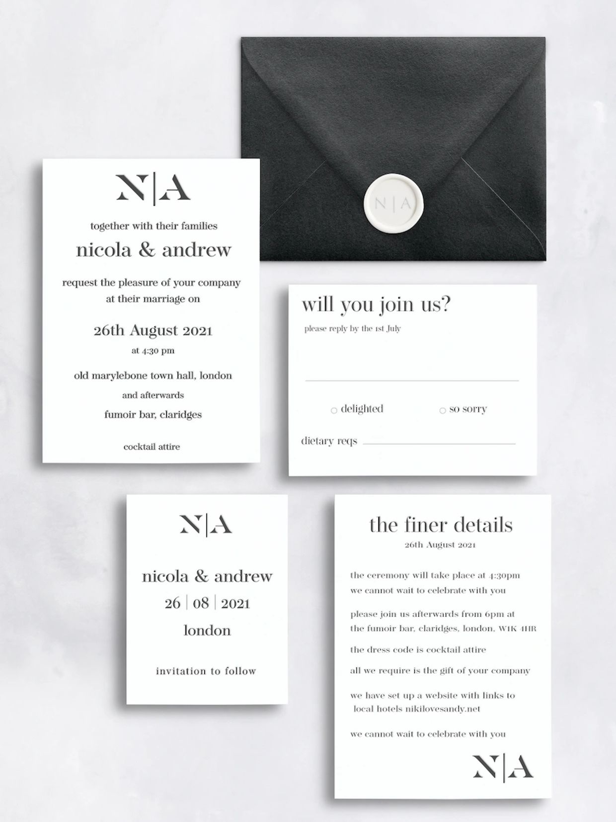 Photo of the Bigbury wedding invitation suite. Invitation, RSVP, Details card,  and save the date.