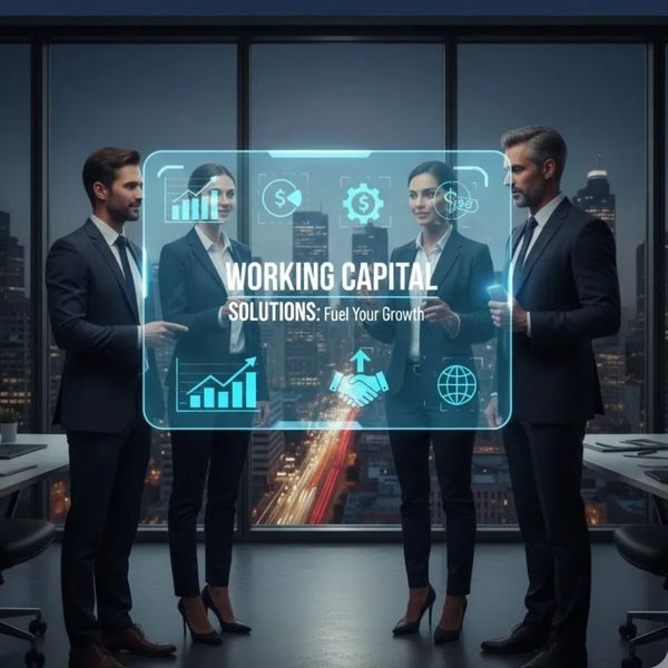 Business professionals discussing working capital solutions with futuristic digital interface.