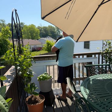 Person holding a black cat on a sunny deck with plants and patio furniture.