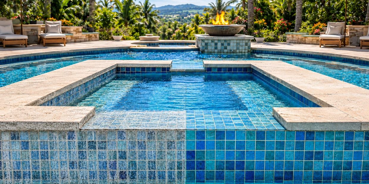 Luxury pool with fire pit and mountain view.