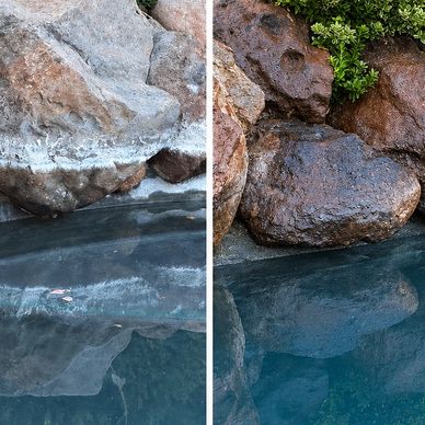Side-by-side images showing rocks by clear water with different lighting.