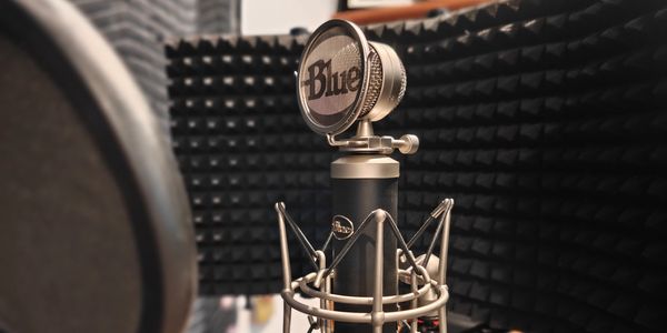 Professional Blue microphone in a soundproof recording booth.