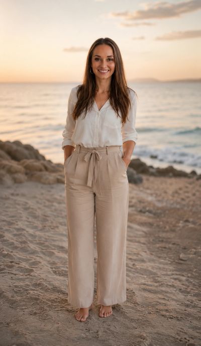 Woman standing barefoot on the beach at sunset.