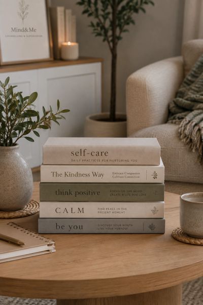 Stack of self-help books on a wooden table in a cozy living room.