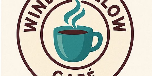 Logo of Windy Willow Café with a steaming cup of coffee.
