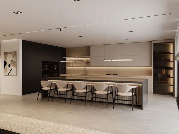 Modern kitchen with minimalist design and neutral tones.