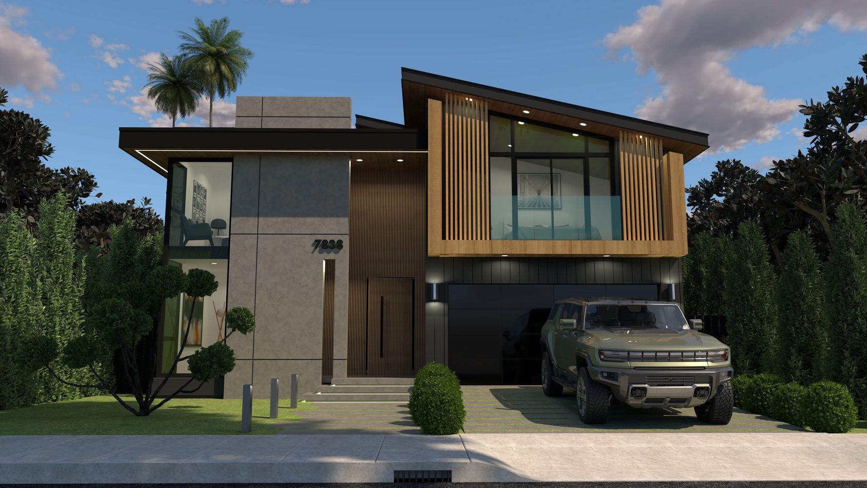 Modern two-story house with a sleek car parked outside under a clear sky.