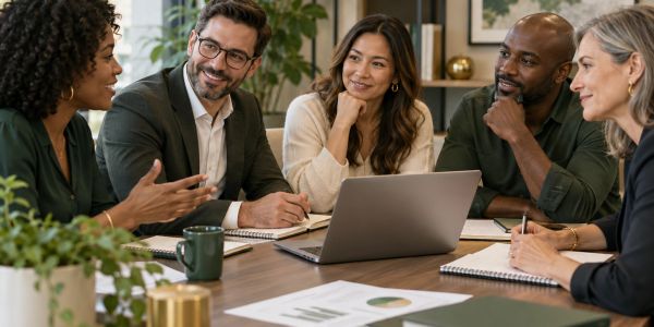 Diverse team having a meeting around a laptop.