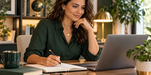 Woman taking notes while using a laptop in a cozy workspace.