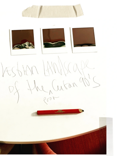 Polaroids, red pencil, and handwritten note on a white table.