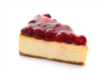 Slice of cherry cheesecake with glossy topping.