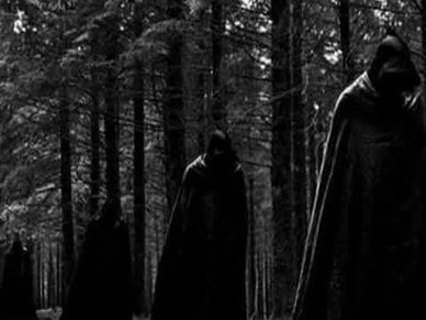 Three mysterious cloaked figures walk through a dark forest at night.