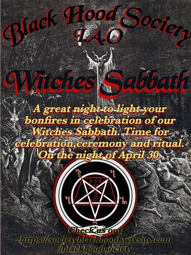 Flyer for Black Hood Society's Witches Sabbath event on April 30 with ritual and celebration.