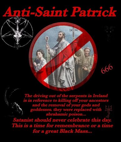 Anti-Saint Patrick message with satanic imagery and red text warning against celebration.