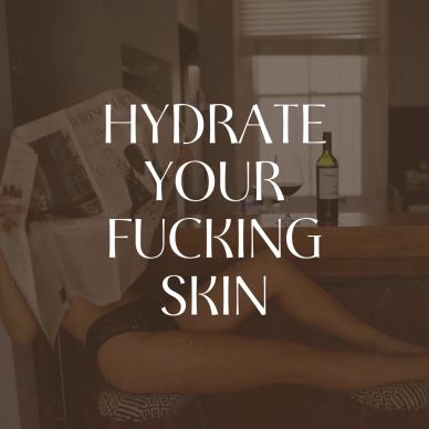Text encouraging skin hydration with background of woman relaxing.