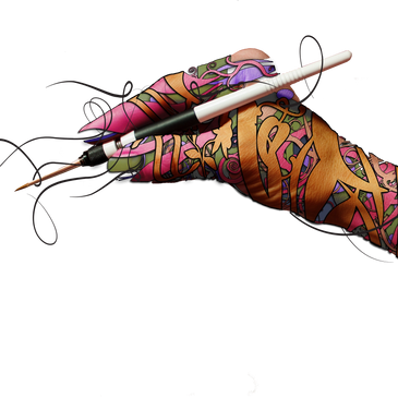 Hand holding a pen covered in colorful graffiti-style tattoos.