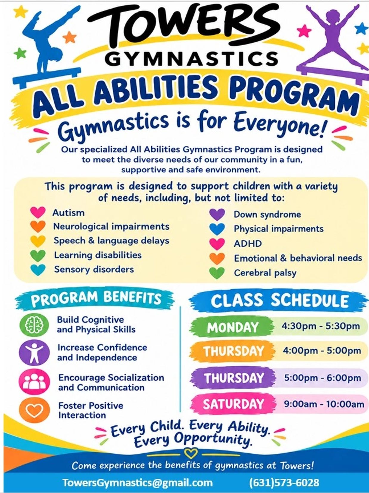 Towers Gymnastics All Abilities Program flyer with schedule and benefits.