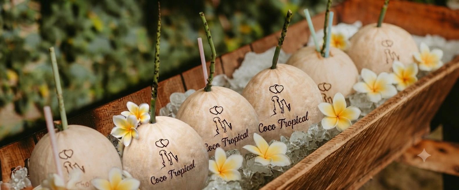 Decorative tropical coconuts with flowers on ice in wooden tray.