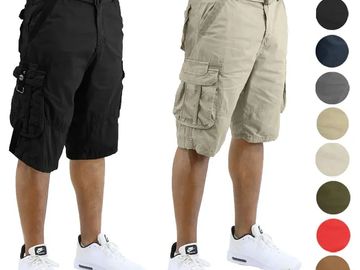 Men's 2 Pack Distressed Cotton Cargo Belted Shorts