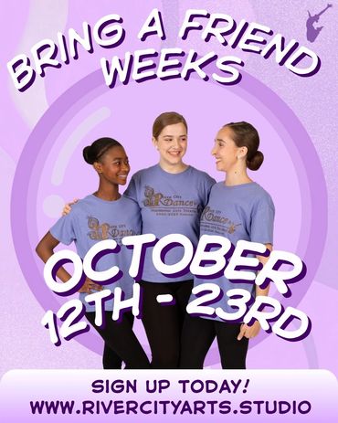 Three girls in purple shirts promoting Bring a Friend Weeks event.