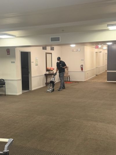 Person cleaning carpet in an office hallway.