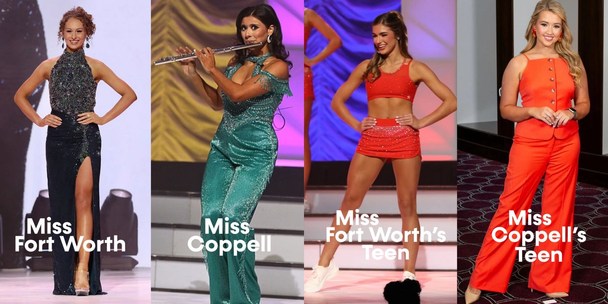 Four women representing Miss Fort Worth, Miss Coppell, and their Teen counterparts in glamorous and casual outfits.