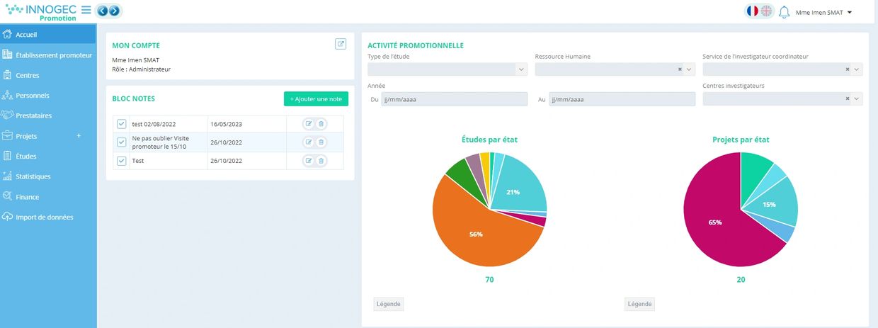 Solution Innogec Promotion : Présentation du module accueil avec l'activité promotionnelle du centre